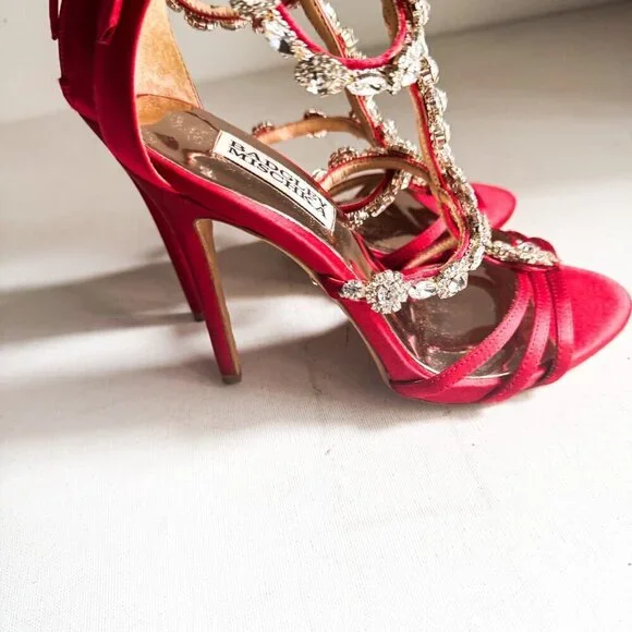 Badgley Mischka coral red satin rhinestone  cocktail heels shoes 5.5 - Picture 5 of 10